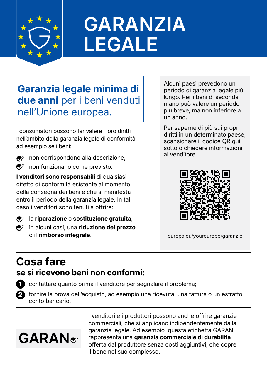 Avviso armonizzato dell'Unione europea sulla garanzia legale